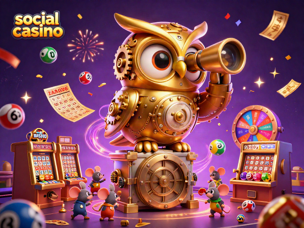 Engage in a vibrant social casino scene with a golden owl and animated characters enhancing the gambling fun.