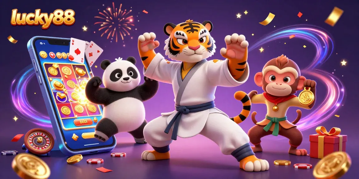 Unleash your luck in lucky88 with a kung fu tiger mastering a colorful slot game amidst vibrant casino elements.