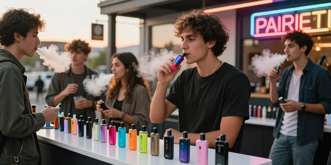 Enjoying top disposable vapes in usa with friends in colorful urban setting.