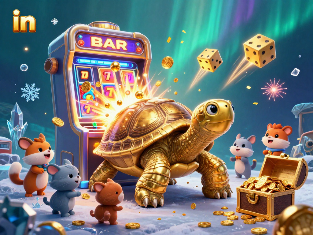 Spin to win in this festive casino scene with a golden tortoise and jackpot excitement!