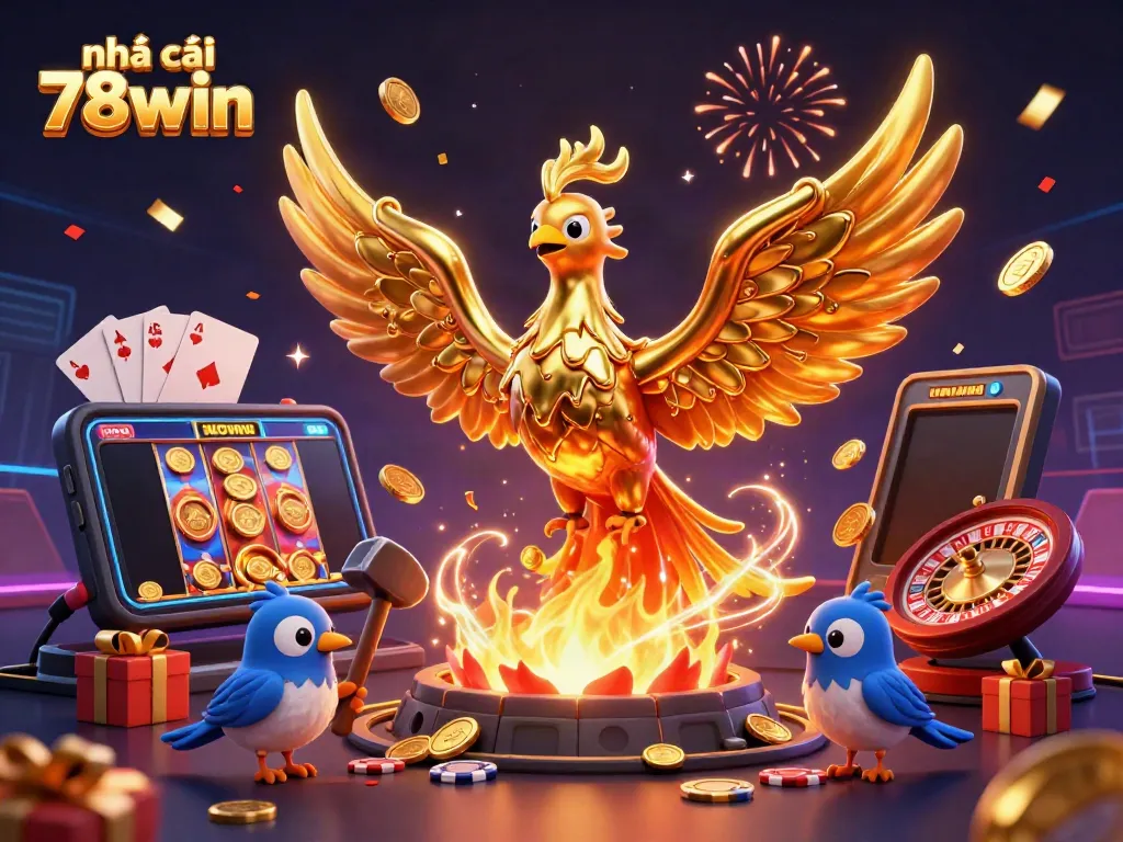 Experience the vibrant excitement of nhà cái 78win with a golden phoenix, casino elements, and jackpots erupting.