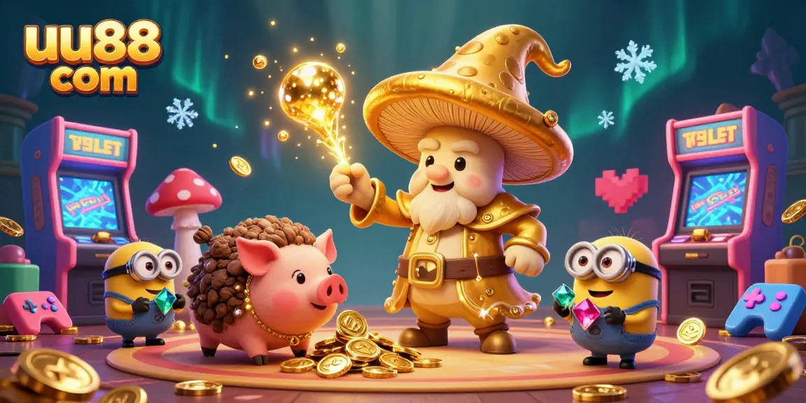 Experience the magic of gaming and treasure with uu88 com's vibrant casino scene, featuring mushroom characters and gems.
