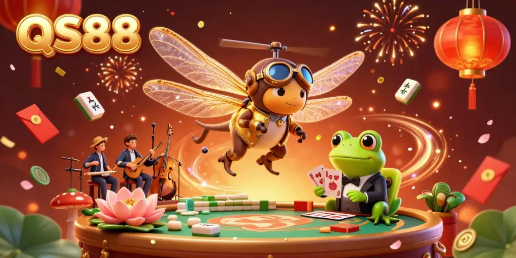 Experience the vibrant QS88 casino scene with dynamic gaming elements in a 3D illustration.