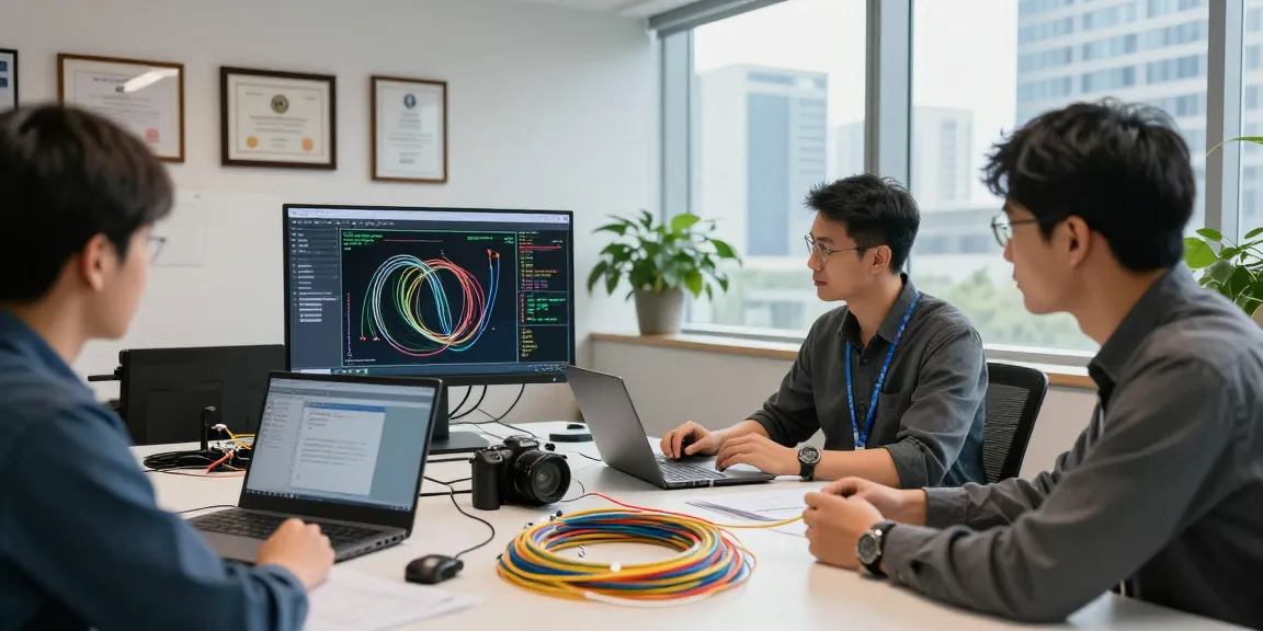 Engineers collaborating over advanced fiber optic technology laid out on a conference table in a modern workspace, showcasing optical fiber optic solutions.