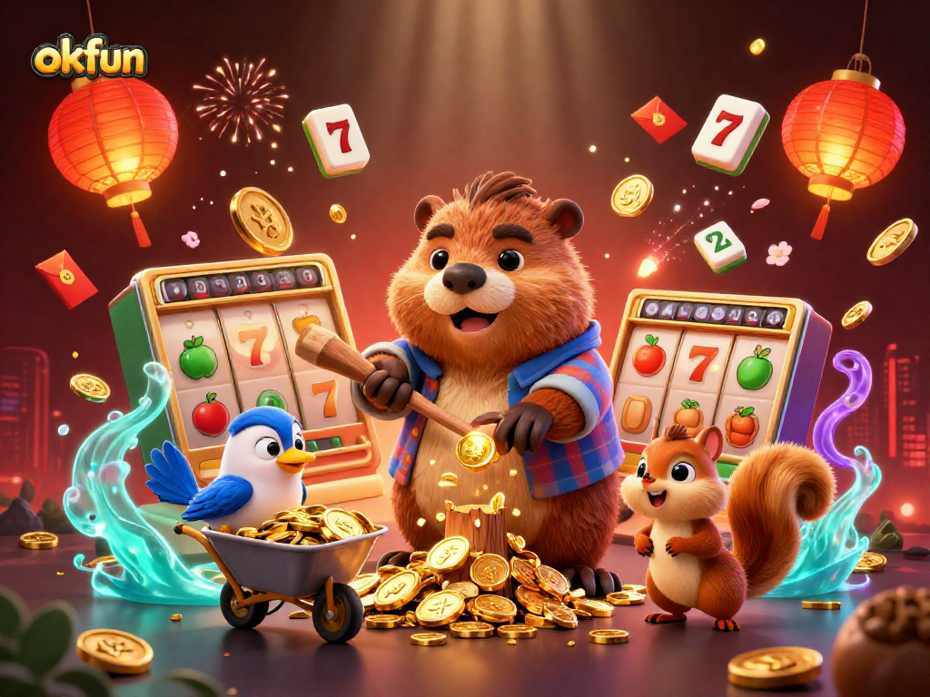 Engage with OKFUN's exciting gaming experience featuring cartoon characters, slots, and gold coins.