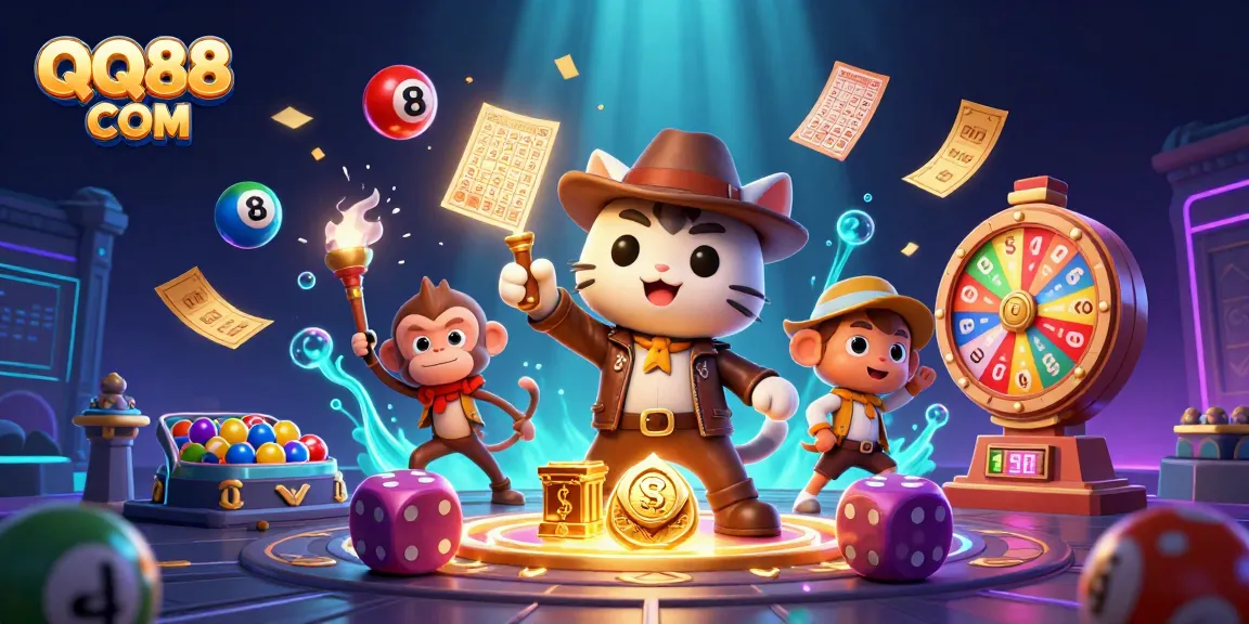 Engage with QQ88 COM in this dynamic 3D casino illustration featuring vibrant gambling elements.