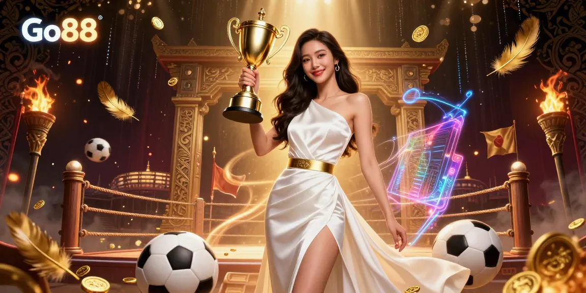 Engage with Go88's thrilling sports betting scene showcasing a victorious woman with a trophy amidst dynamic game elements.