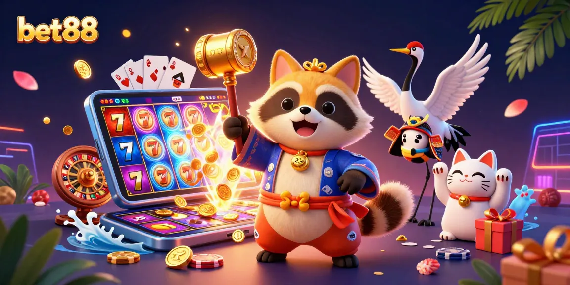 Bet88 features a vibrant 3D tanuki and companions celebrating with slot games, showcasing dynamic gambling fun.