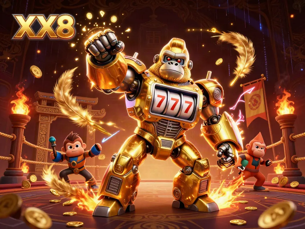 Transformers-style XX8 mech unleashing coins in a vibrant casino scene.