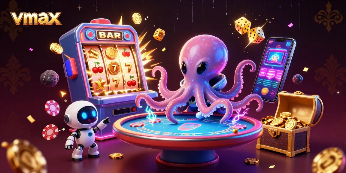 Experience vmax's vibrant poker excitement with an alien octopus and a robot in this engaging casino scene
