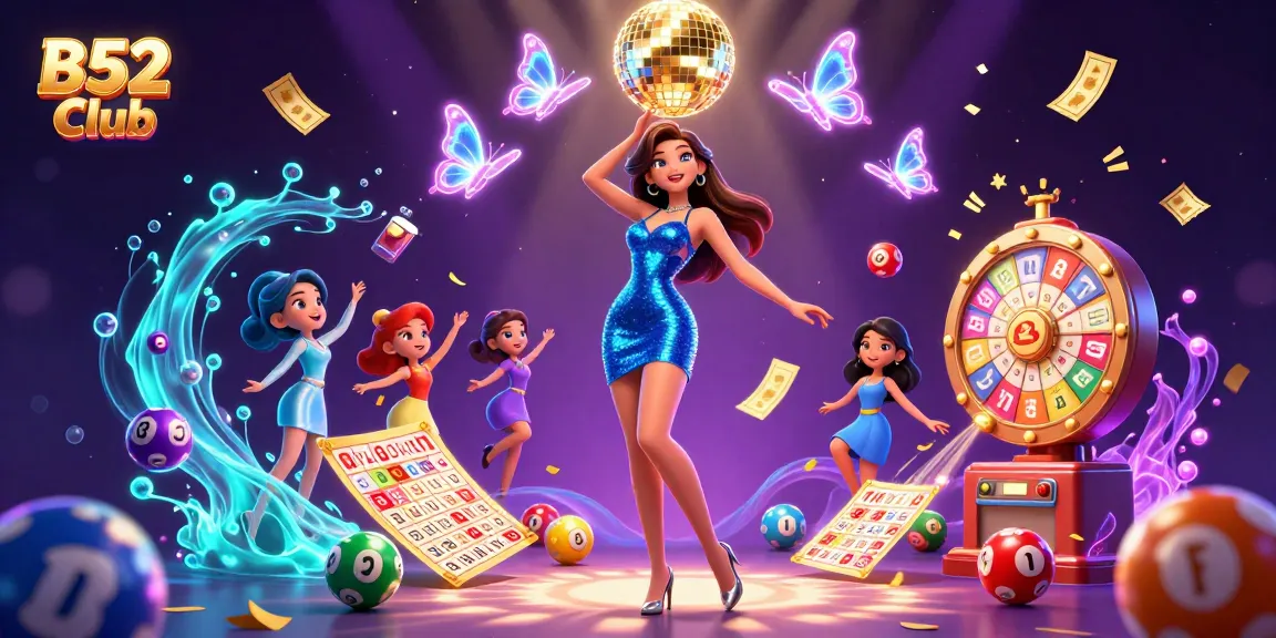 B52 Club showcases an electrifying casino scene with vibrant lottery elements and a glamorous dancer.