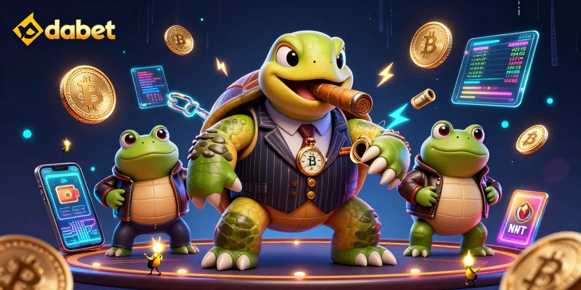 dabet showcases a vibrant 3D digital casino scene with a mobster turtle and frog enforcers, maximizing gaming thrills.