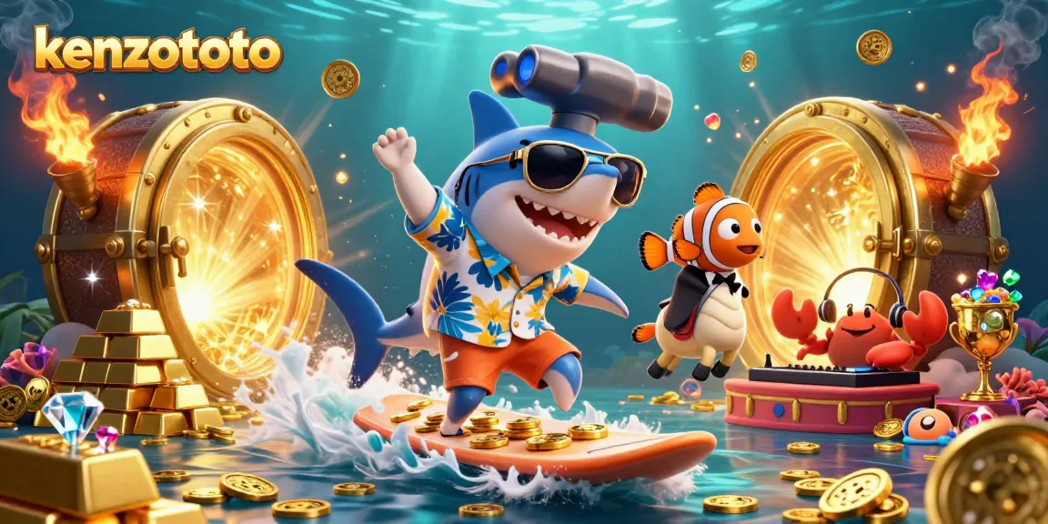 Kenzototo offers an exhilarating gambling experience with a vibrant underwater scene of characters celebrating with gold coins.