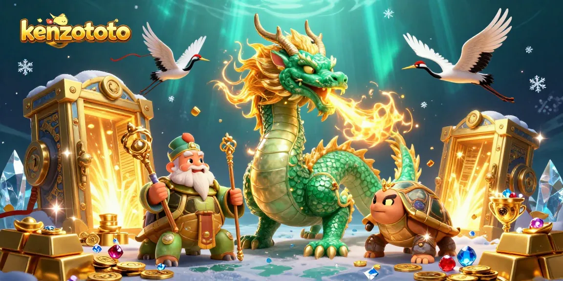 Experience kenzototo's thrilling adventure featuring a dragon amidst treasures and lucky symbols.