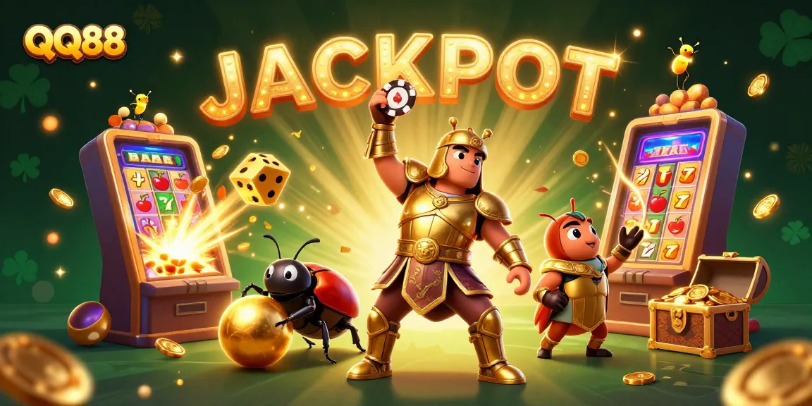 Experience the thrill of QQ88 with a 3D jackpot scene featuring vibrant characters and dynamic casino elements.