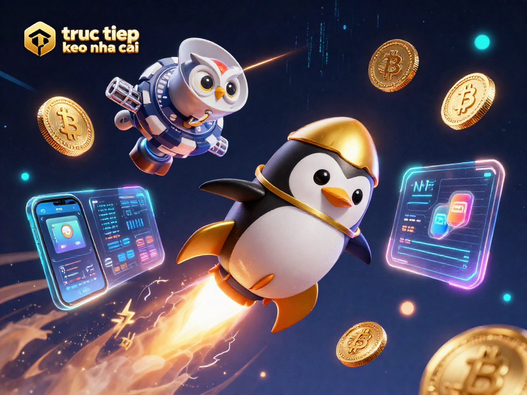 Engage with truc tiep keo nha cai as a 3D golden penguin rockets towards a poker chip casino in space.