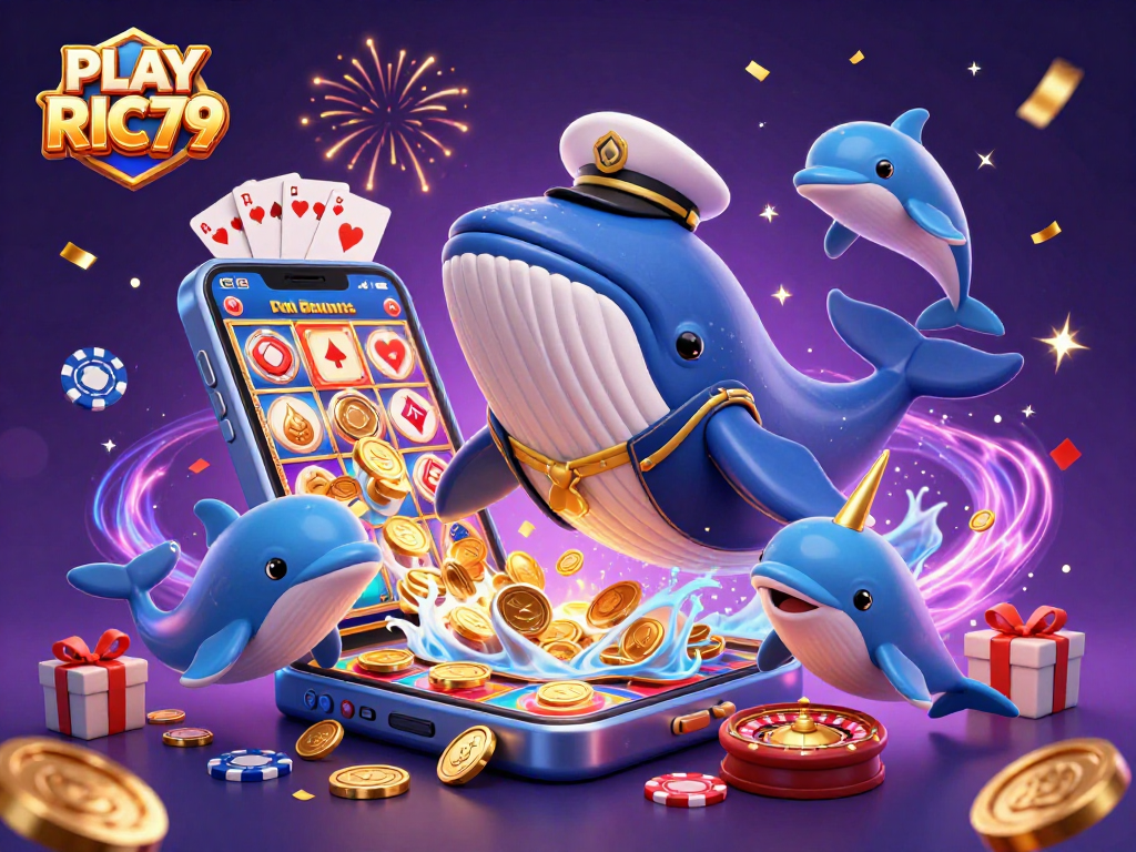 Engage with the excitement of PLAY RIC79 as a giant whale and playful sea creatures celebrate amidst vibrant casino elements.