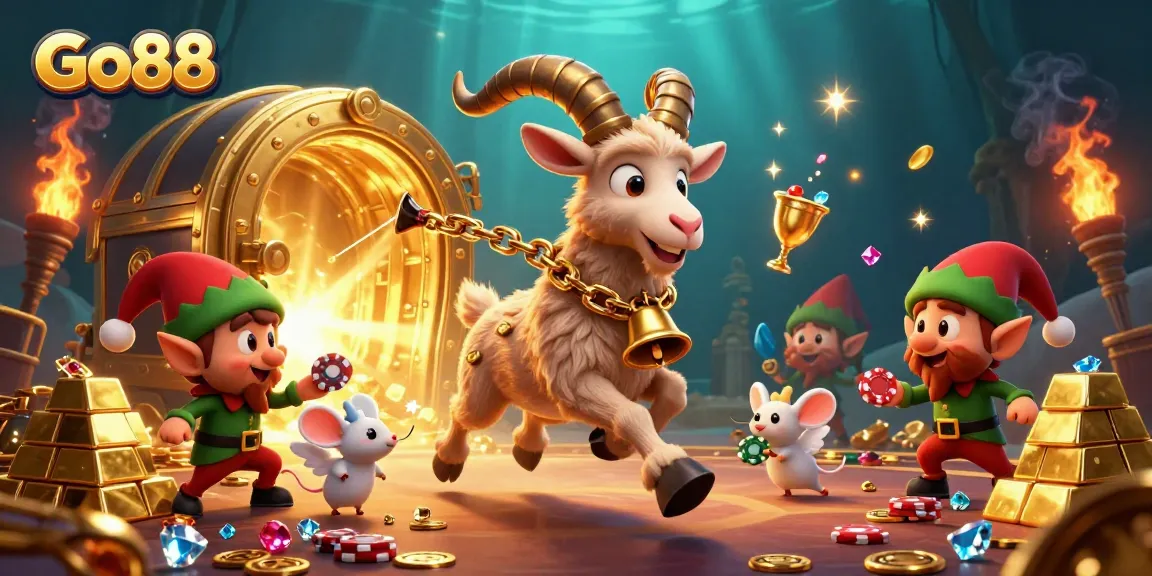 Go88 casino scene showcasing a festive Krampus goat, angel mouse, and mischievous gremlins amidst gold treasures.