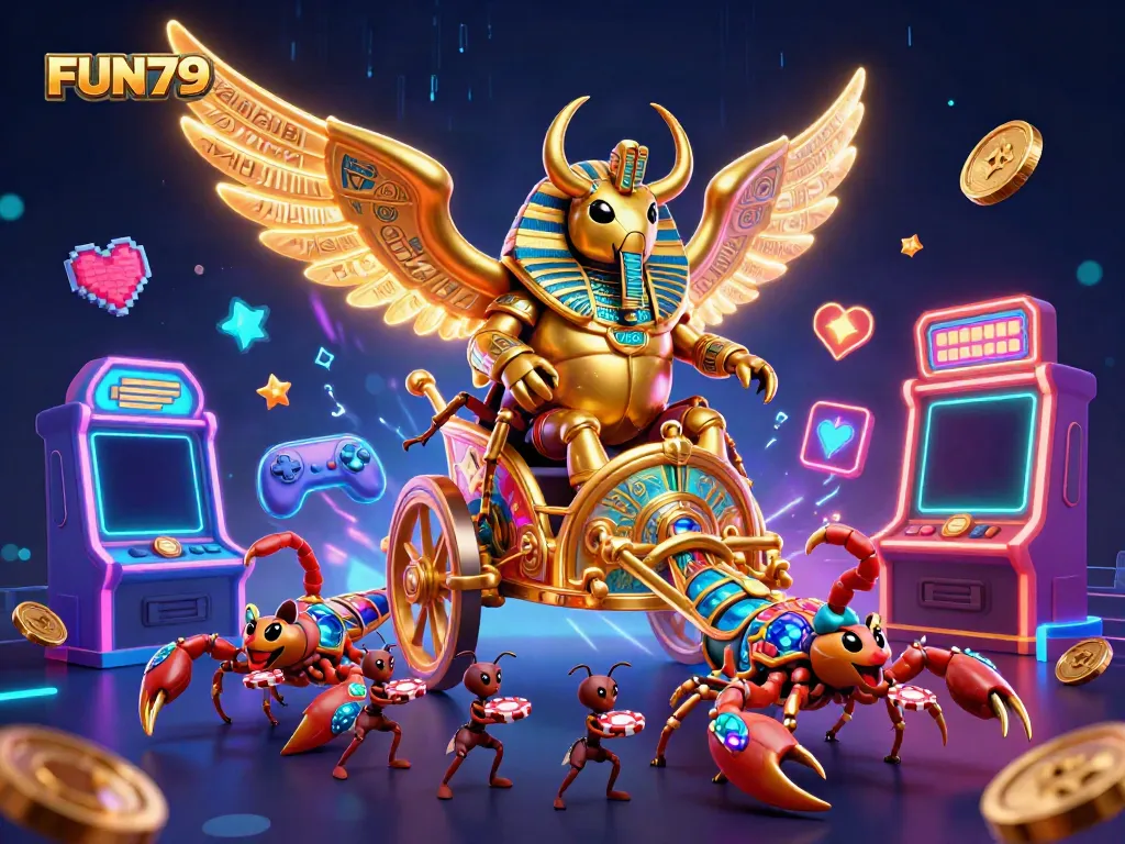 Engage in exciting gameplay at FUN79 with a vibrant casino-themed illustration showcasing gaming elements and golden characters.