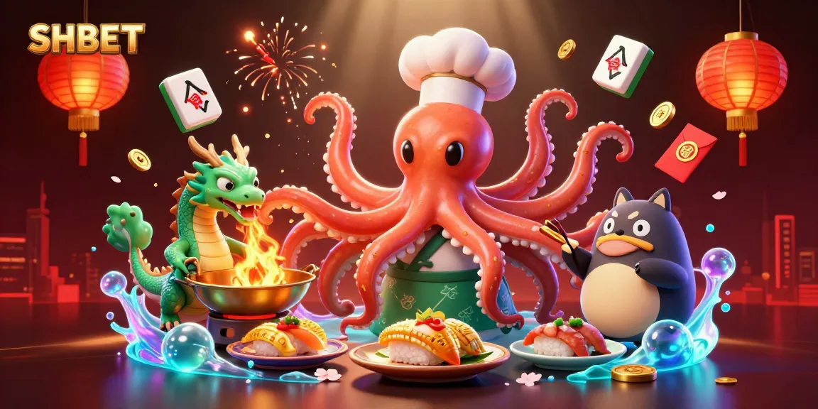 Experience thrilling SHBET gameplay with a vibrant illustration of an octopus chef, dragon, and tanuki surrounded by casino symbols.