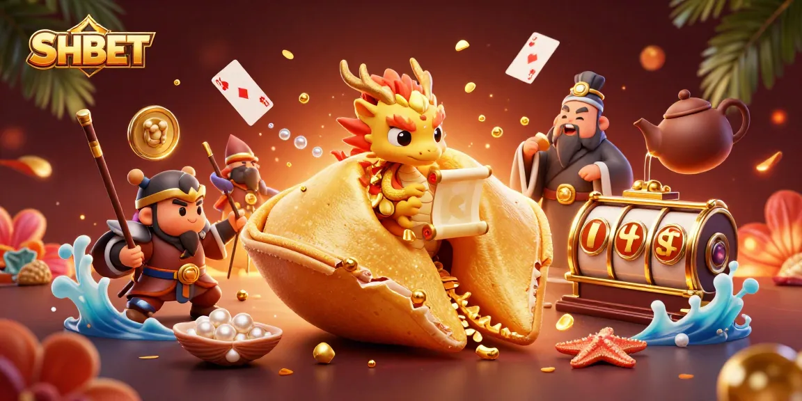 Engage with SHBET through a vibrant 3D cartoon casino scene featuring fortune cookies and festive game elements.