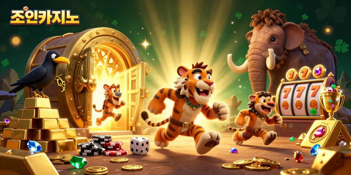 Experience adventurous gameplay at 조이카지노 with a lively prehistoric casino illustration.