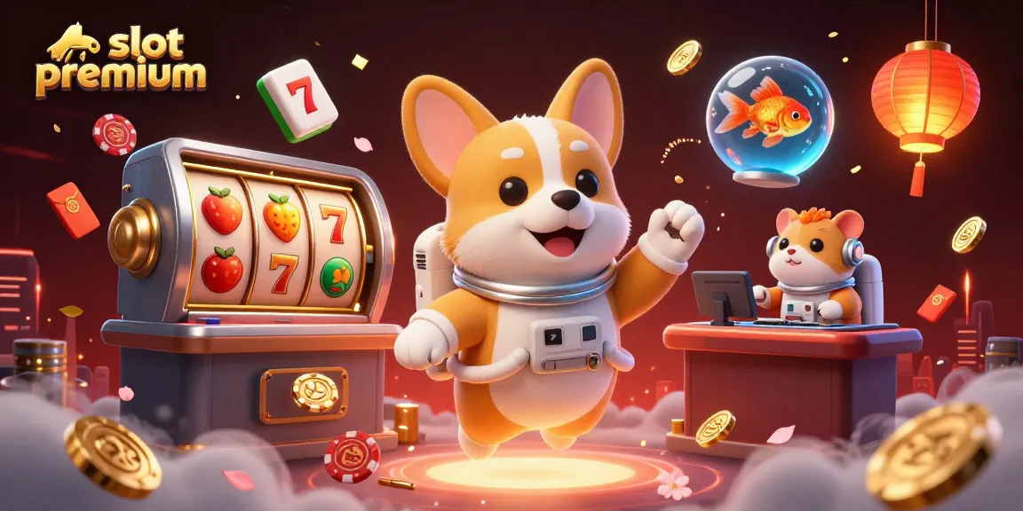 Engage with the dynamic slot premium scene featuring a 3D cartoon astronaut corgi and gaming elements.