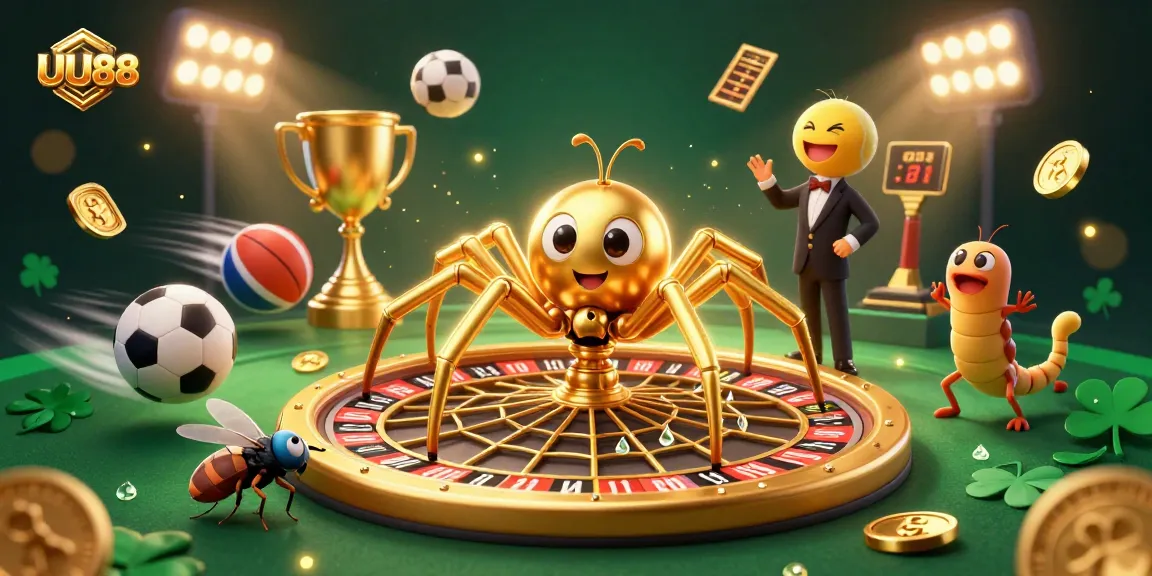 Experience thrilling bets at UU88 as a golden spider spins a roulette wheel amidst flying sports elements.