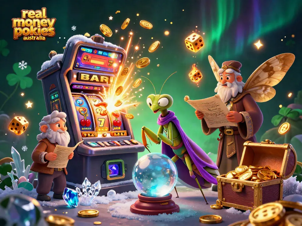 Experience real money pokies Australia with a vibrant illustration of a fortune teller and mystical elements.