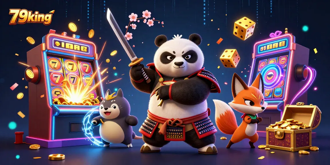 Engage with 79king's vibrant casino scene featuring a samurai panda, ninja fox, and exciting jackpot action.