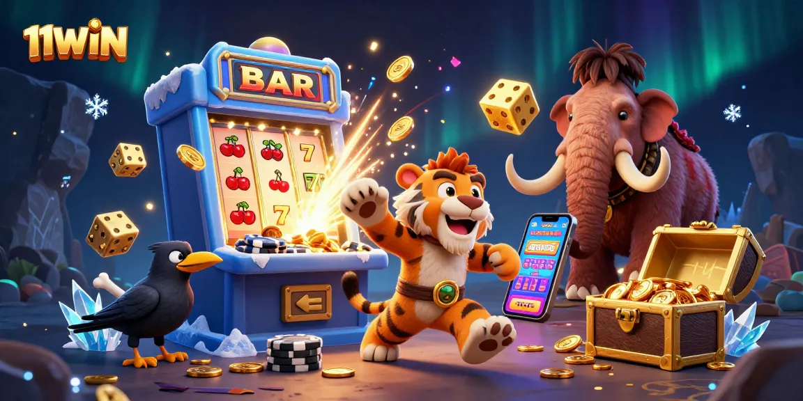 Experience thrilling gaming moments at 11WIN with a vibrant prehistoric casino scene filled with excitement.