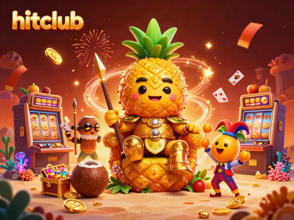 Engage with vibrant hitclub illustrations featuring golden pineapple king and casino treasures.