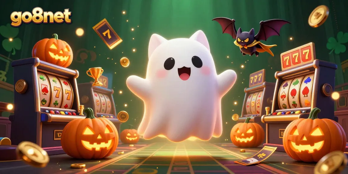 Engage in exciting gameplay at go8net with a friendly ghost cat and vibrant casino elements.