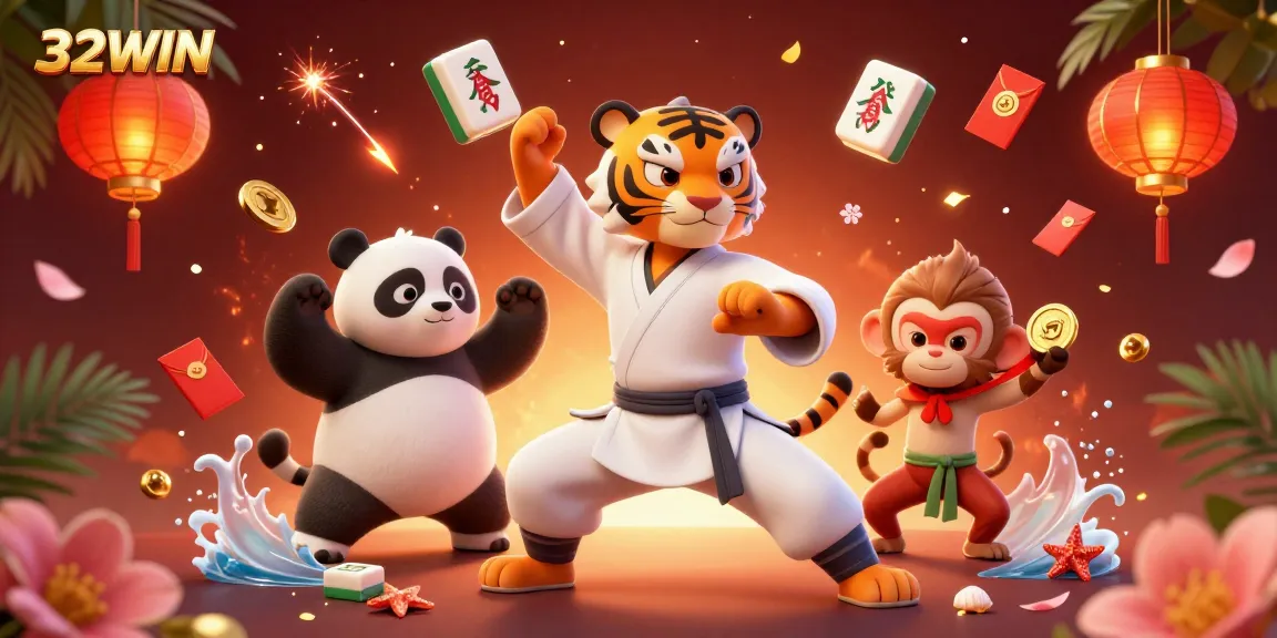 32WIN showcases a dynamic 3D casino scene with kung fu tiger and panda characters amidst gaming elements.