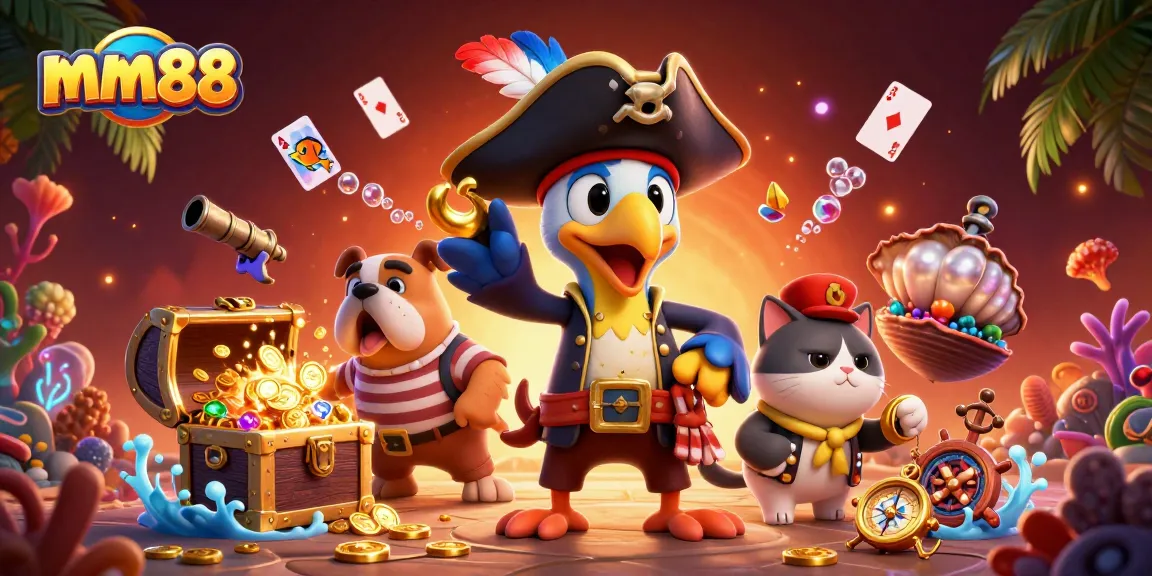 Experience luck at mm88 with vibrant casino characters and treasure amidst underwater adventure.