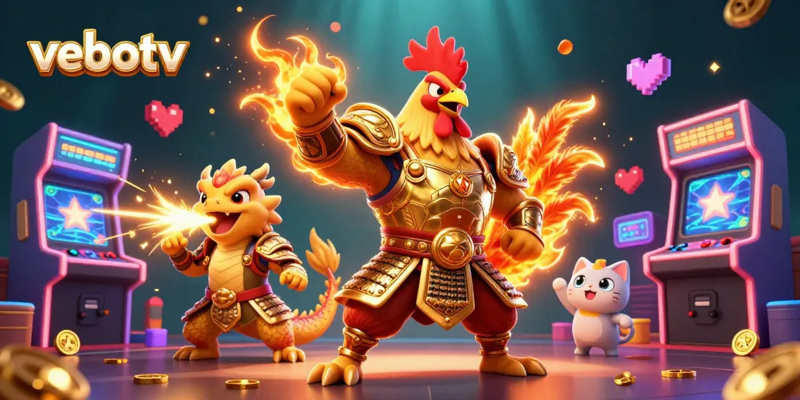 Experience the excitement of vebotv as a fierce rooster warrior and dragon hatchling battle in a vibrant casino scene.