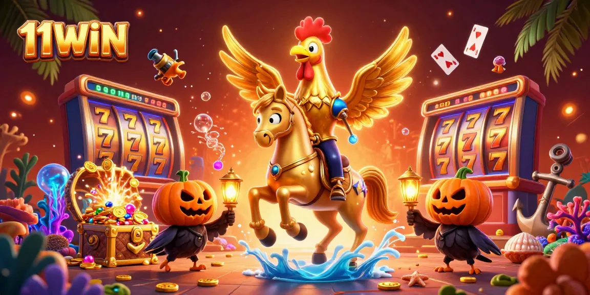 Experience the thrill of 11WIN with a golden rooster and spectral horse in a dynamic casino scene.