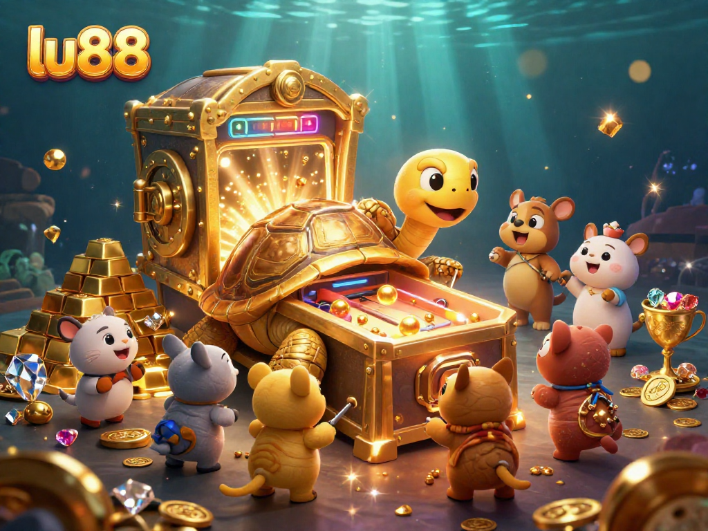 Engage with exciting games at lu88, featuring a lively golden tortoise pinball machine in a dazzling treasure scene.