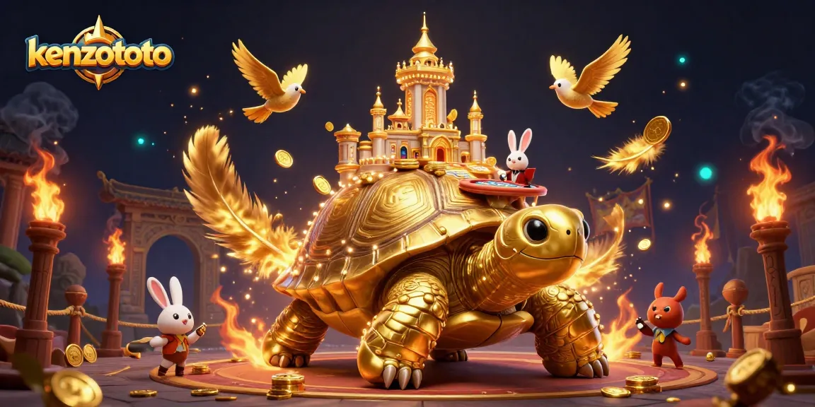 Play exciting games at kenzototo with a golden tortoise casino illustration showcasing winning potential.
