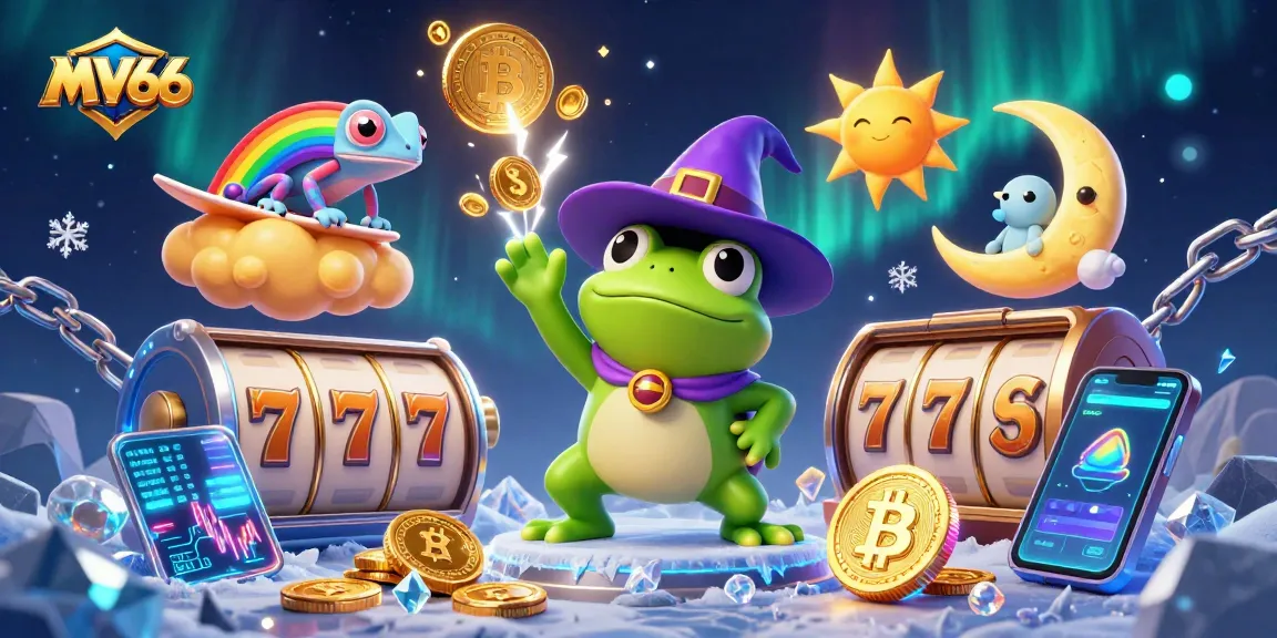 MV66 players engage in a thrilling slots experience as golden coins rain down from a wizard frog.