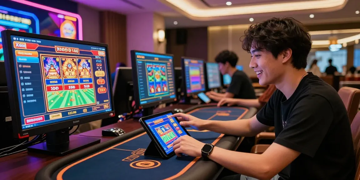 Xoso66 virtual casino gaming scene with players excitedly engaging in online games and live dealers, showcasing modern gaming technology.