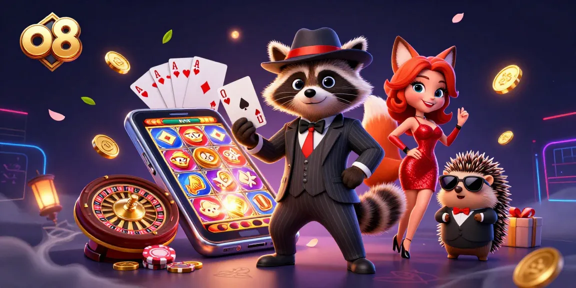 o8 players enjoying a vibrant casino scene with characters and slot games surrounding them