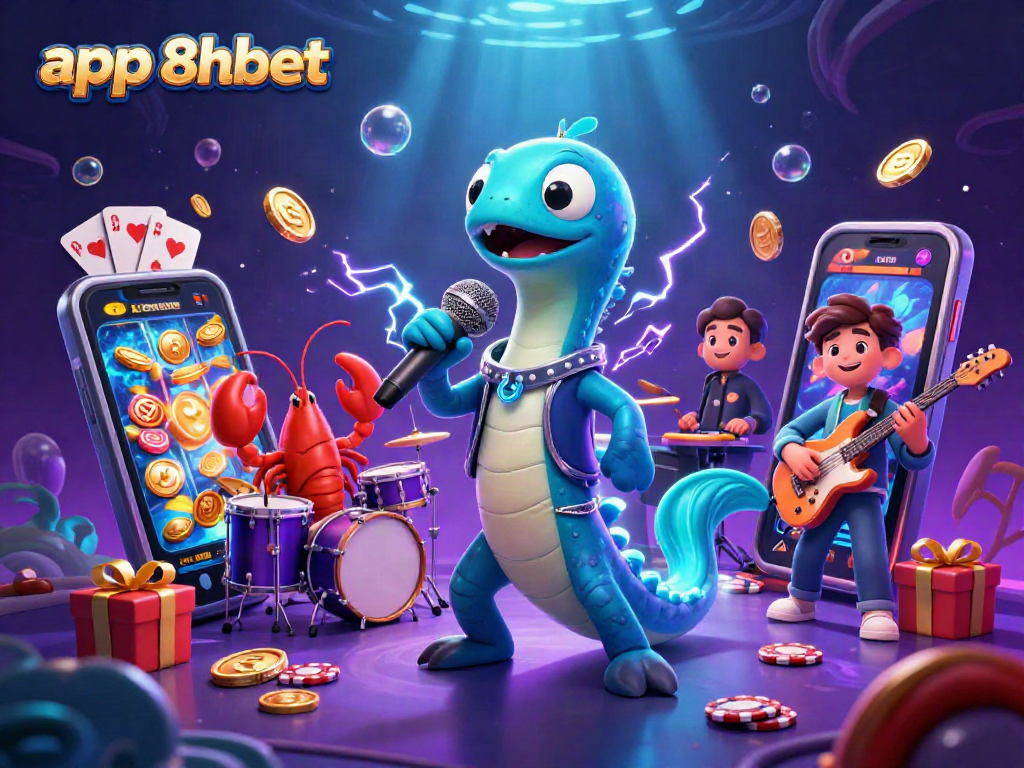 Experience the vibrant app 8xbet with electric eel DJ and fun casino elements in this 3D scene.