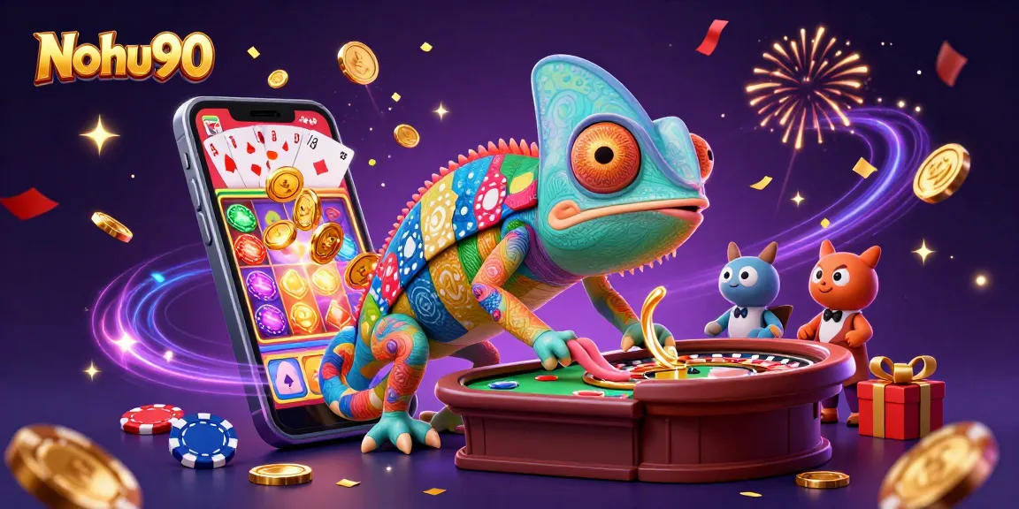 Nohu90 showcases a vibrant 3D chameleon casino owner snapping golden coins amidst lively slot games and poker elements.