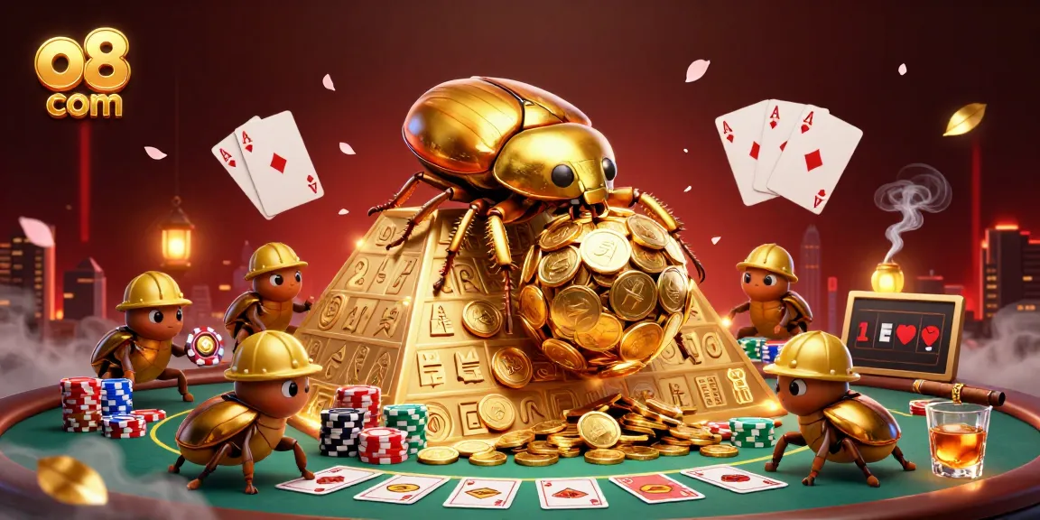 Experience thrilling action at o8 com with a golden beetle rolling coins amidst poker elements.