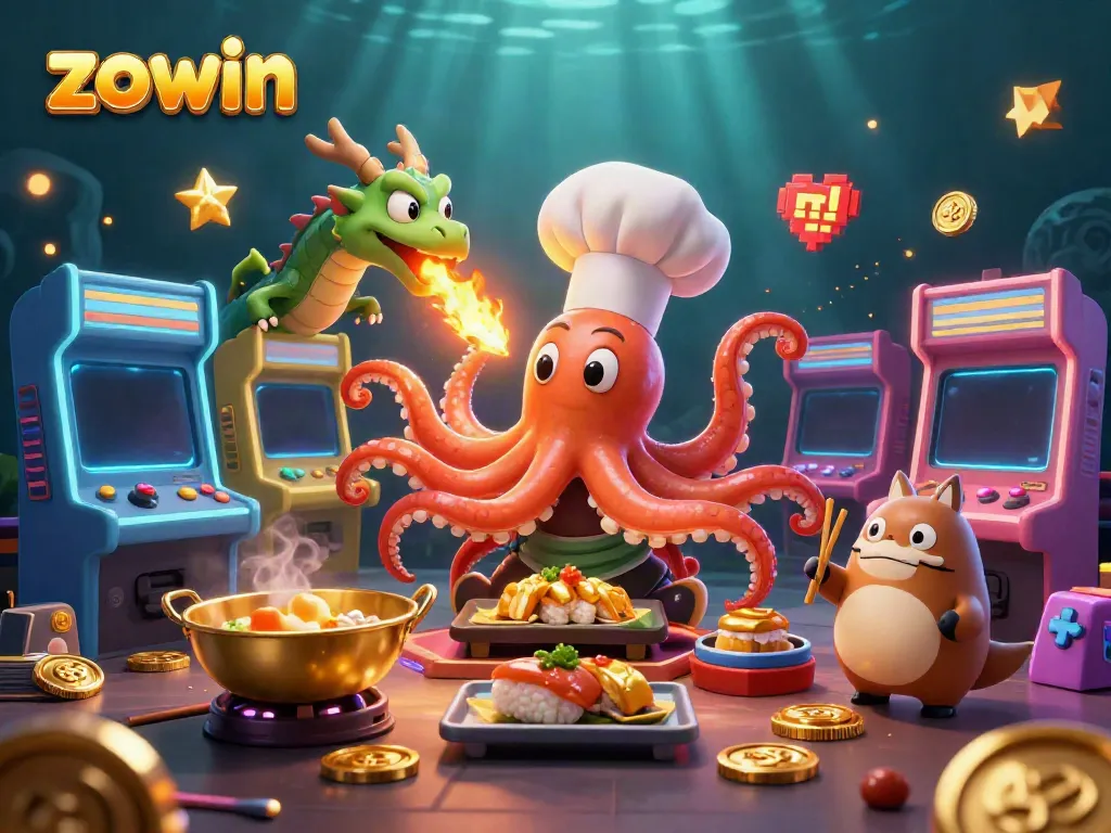 Experience excitement at Zowin with vibrant game elements and lively characters amidst dazzling visuals.