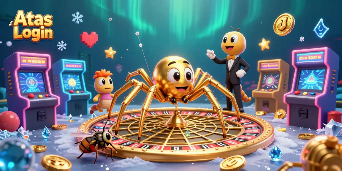 Engage in the Atas Login interface with a 3D illustrated spider and centipede at a roulette wheel.