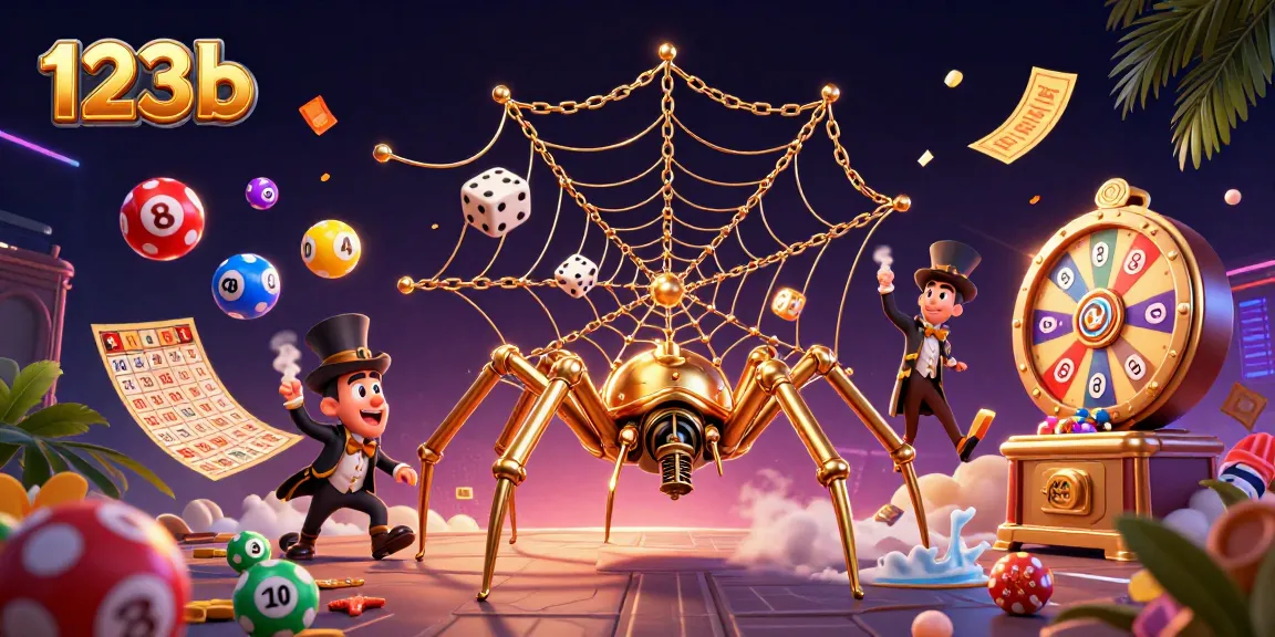 Engage with 123b's dynamic 3D illustration showcasing steampunk spider and playful dice.