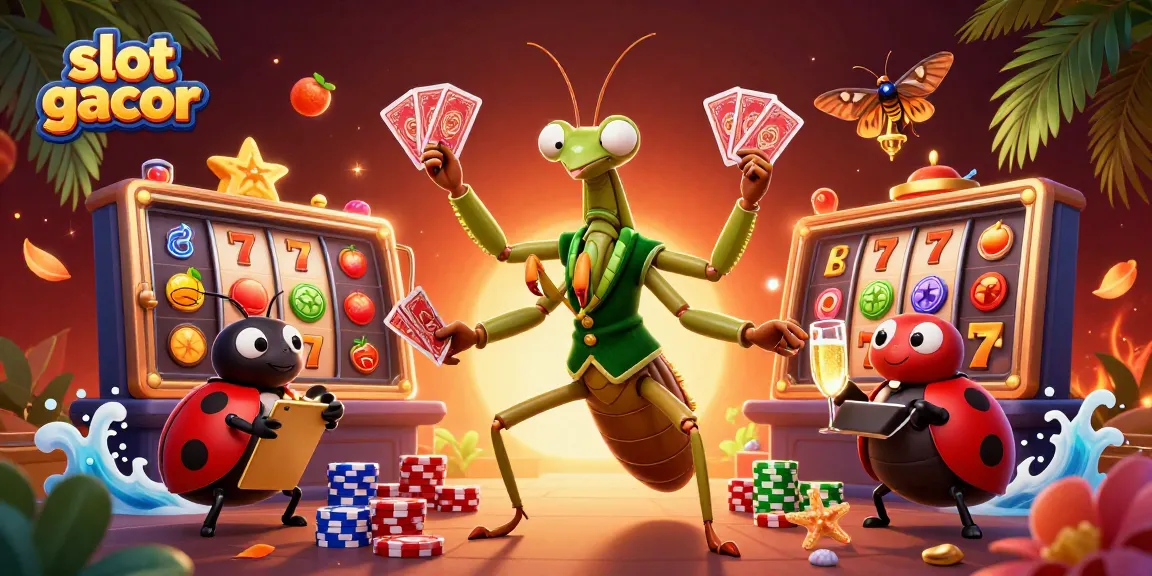Permainan slot gacor menghadirkan kartu, chip, dan champagne dalam ilustrasi yang menarik.