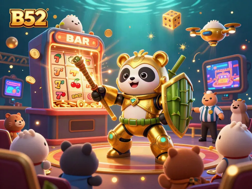 B52 casino scene with a golden panda robot, showcasing vibrant slot machine action and dynamic game elements.